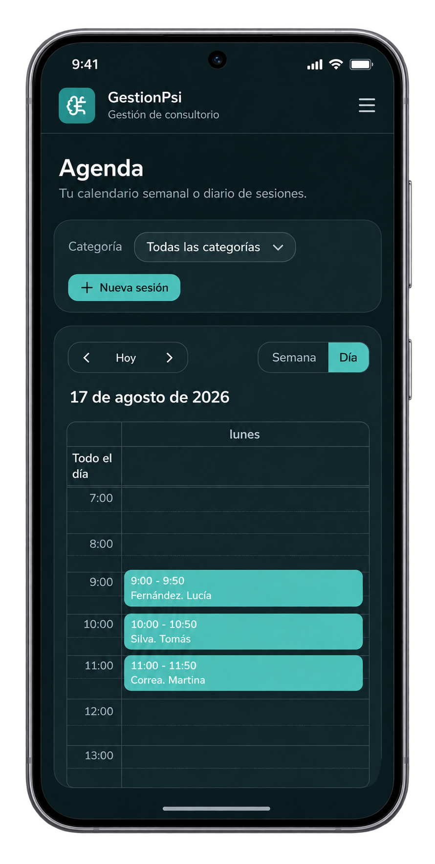 Vista diaria de la Agenda de GestionPsi con los turnos del día