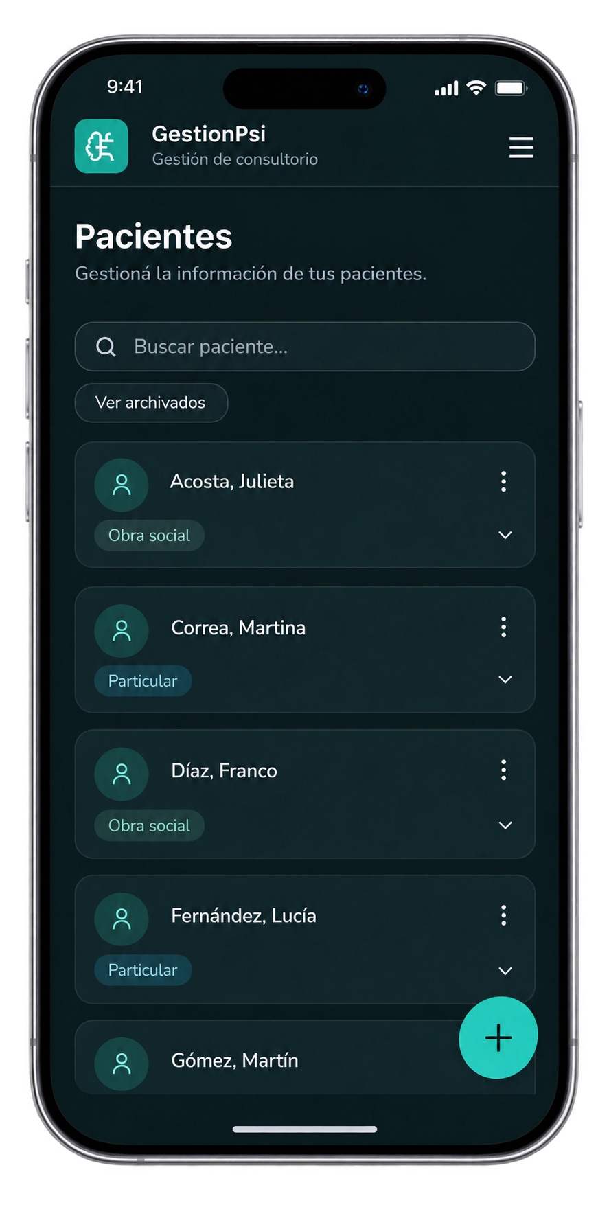 Listado de Pacientes de GestionPsi con su categoría asignada