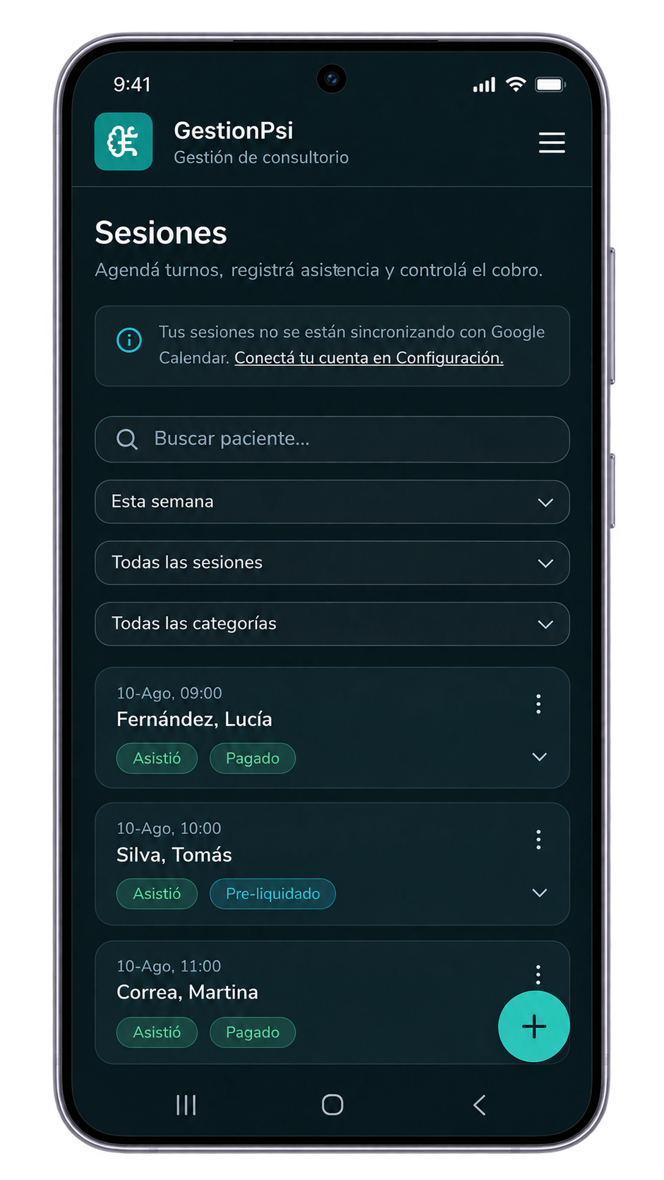 Listado de Sesiones de GestionPsi con el estado de asistencia y de cobro